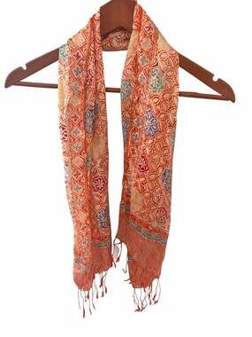 Batik Silk Scarf with Geometric Floral Motifs in Orange